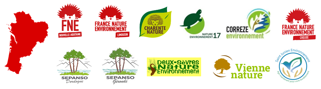 logos des associations participantes : FNE NA, FNE Limousin, Charente Nature, NE 17, Corrèze Environnement, FNE 23, SEPANSO 24, SEPANSO 33, DSNE, Vienne Nature, Saint-Junien Environnement.