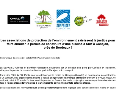 Communiqué de presse - Surfpark de Canéjan
